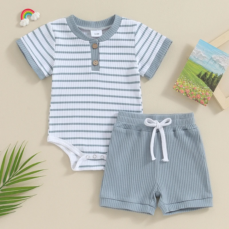 2023-11-18 Lioraitiin Newborn Baby Boy Girl Summer Clothes Striped Short Sleeve Ribbed Romper Tops Elastic Shorts Set Outfits