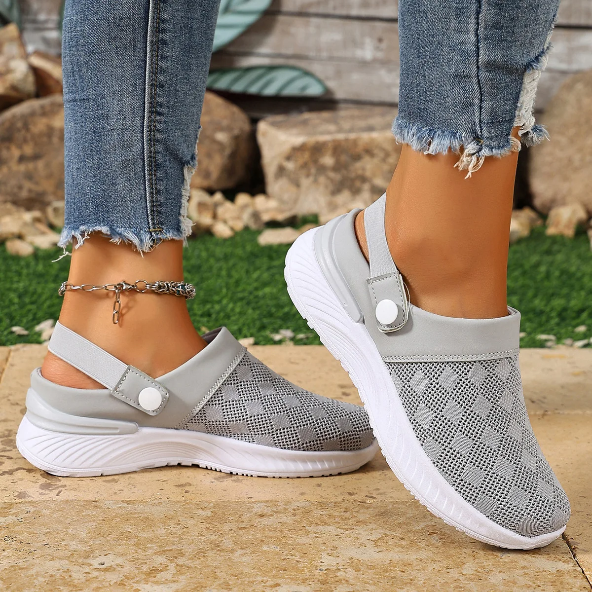 Verstellbare Schnallen-Rückenriemen Keilabsatz-Pantoletten für Damen, Atmungsaktives Strickmesh, Rutschfeste Weiche Sohle, Tägliche Geh- und Freizeitschuhe – Detail 8