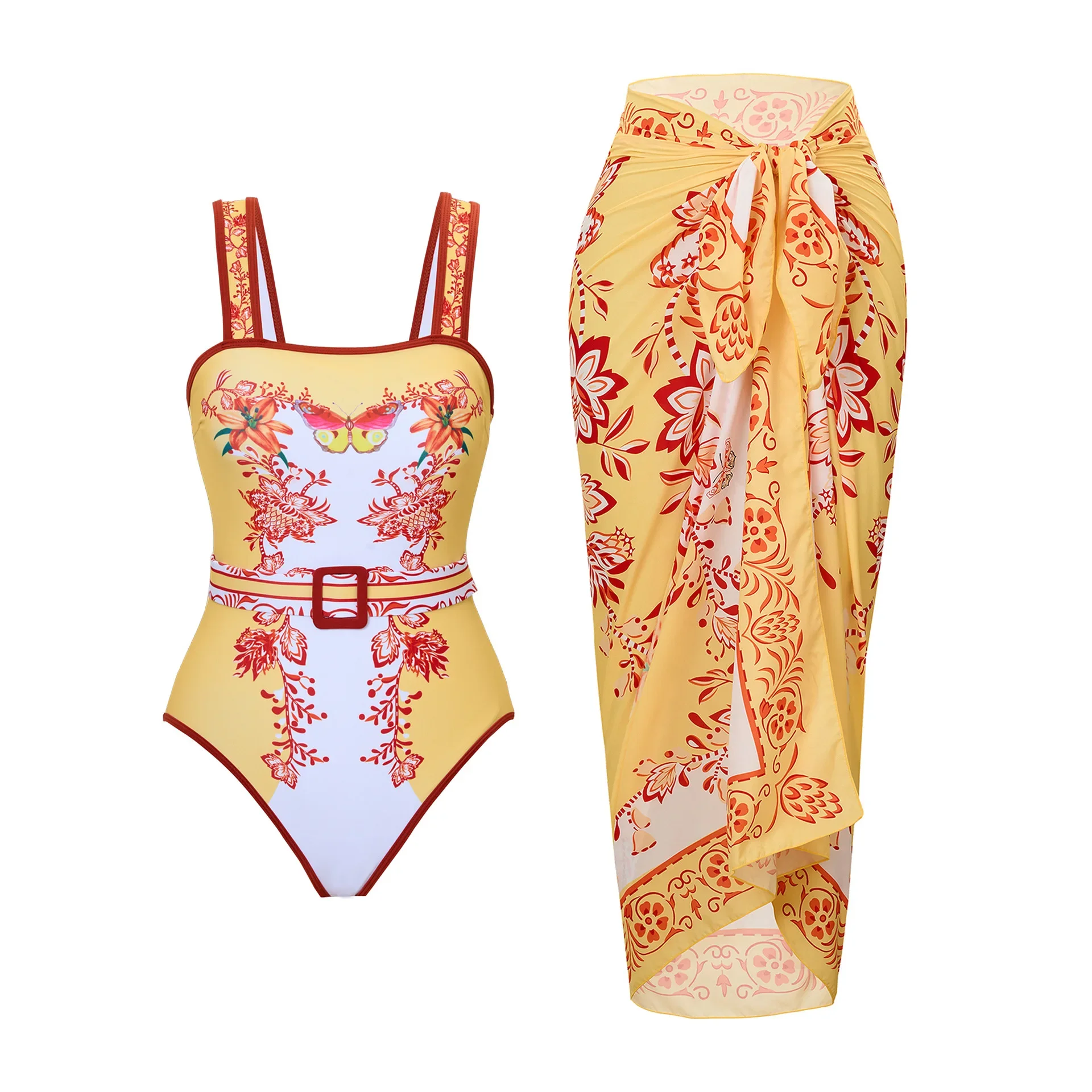 

2025 Yellow White One Piece Swimsuit Women Bandeau Swimwear with Match Skirt Sexy Bathing Suit Monokini Beach Bodysuit Beachwear