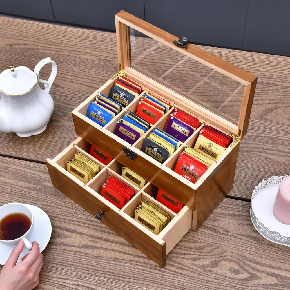 Large Wooden Tea Storage Box with Clear Window, 2-Layer 14 Compartments Organizer for Tea Bags and More