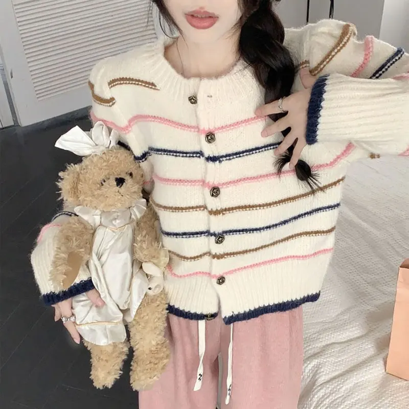 

Gentle Vintage Striped Sweaters Female Clothing Chic Contrasting Colors Autumn Winter Korean Round Neck Loose Knitted Cardigan