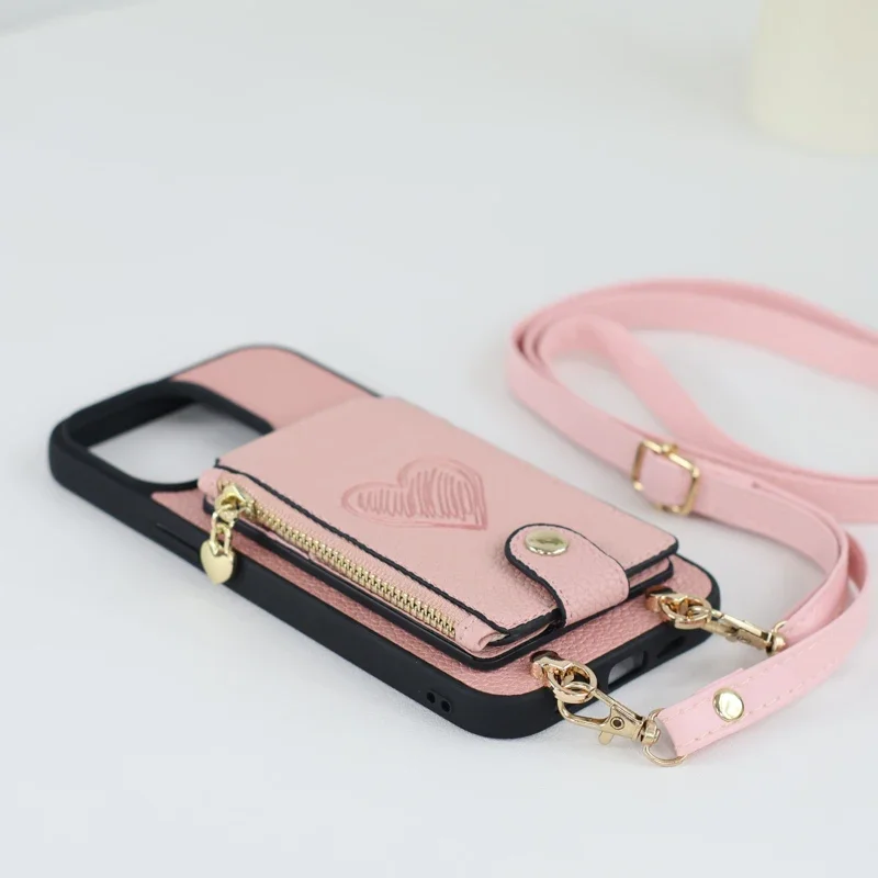 Pink Zipper Card Case Crossbody Leather Lens Full Case for Apple IPhone 15/14/13/12/11 Plus/Pro/Pro Max Series,Easy to Carry