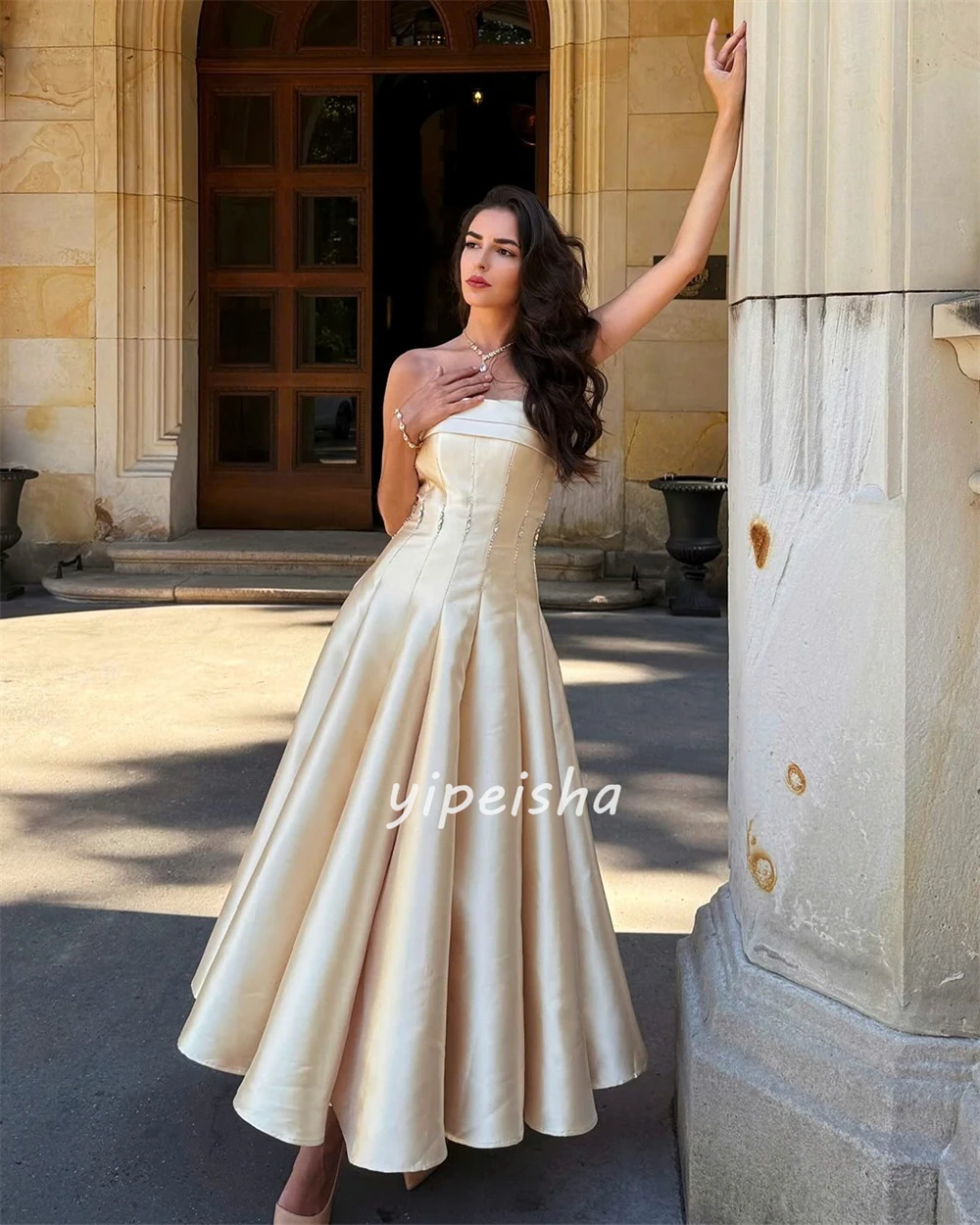 Customized Modern Style Elegant Charmeuse Rhinestone Pleat A-line Strapless Ankle Length Dresses Bespoke Occasion Dresses Formal