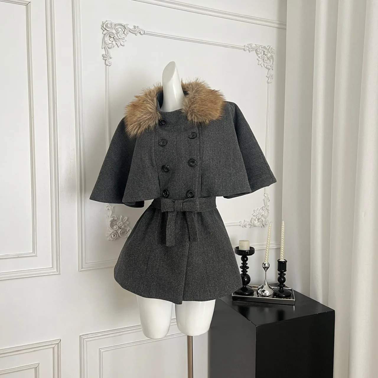 

Ele Mid-Length Woolen Coat Women's Faion Korean Sle Deep ey Fur Collar Outerwear Commute Polyester Fiber