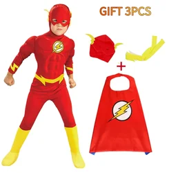 Niños Flash hombre músculo superhéroe vestido de lujo niños película de fantasía carnaval fiesta Cosplay disfraces conjunto monos