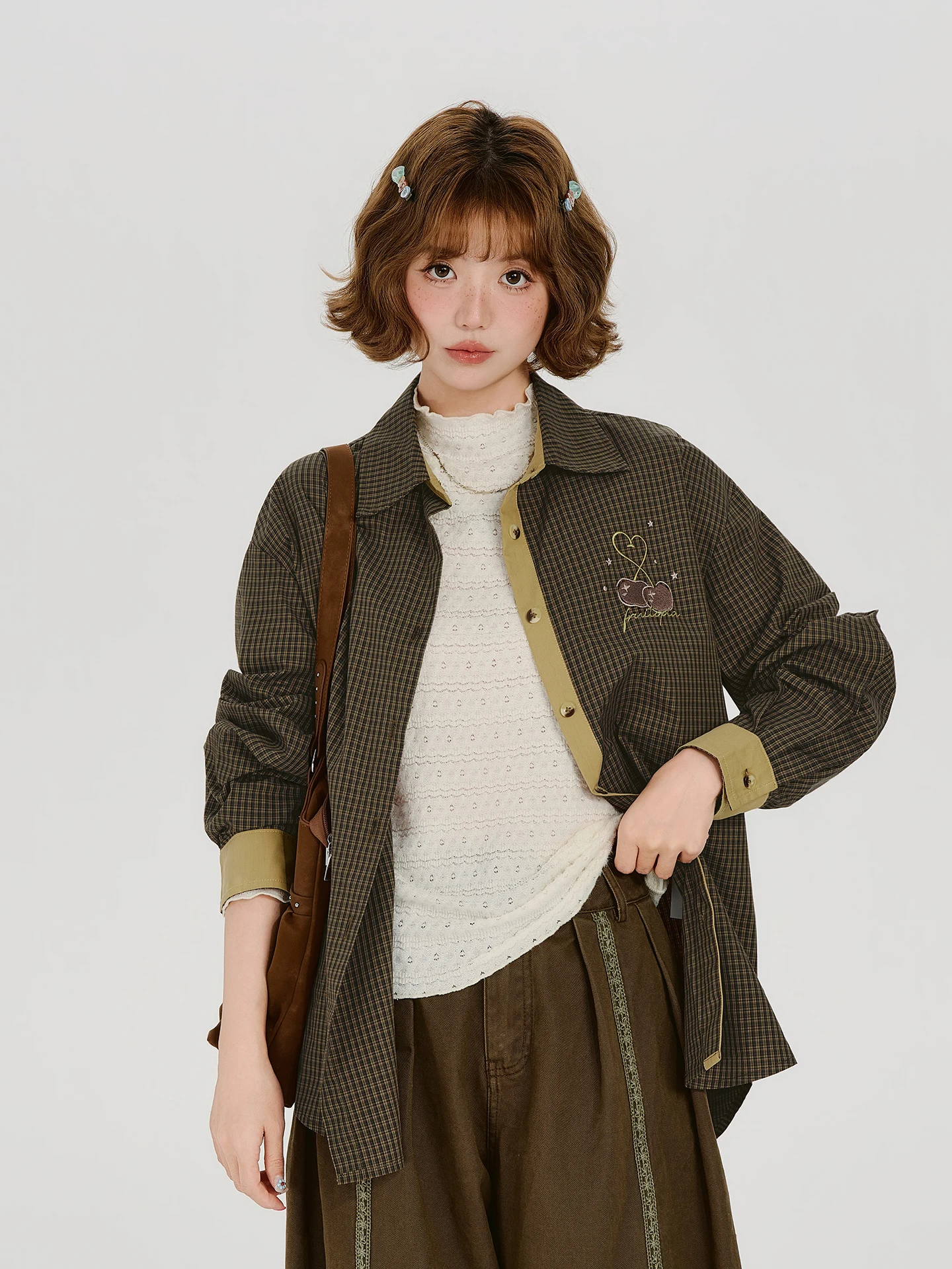 Girlyhalo American Retro Cherry Embroidery Plaid Color Block Women's Casual Shirt Autumn New Loose Fit Shirt Comfortable Brea...