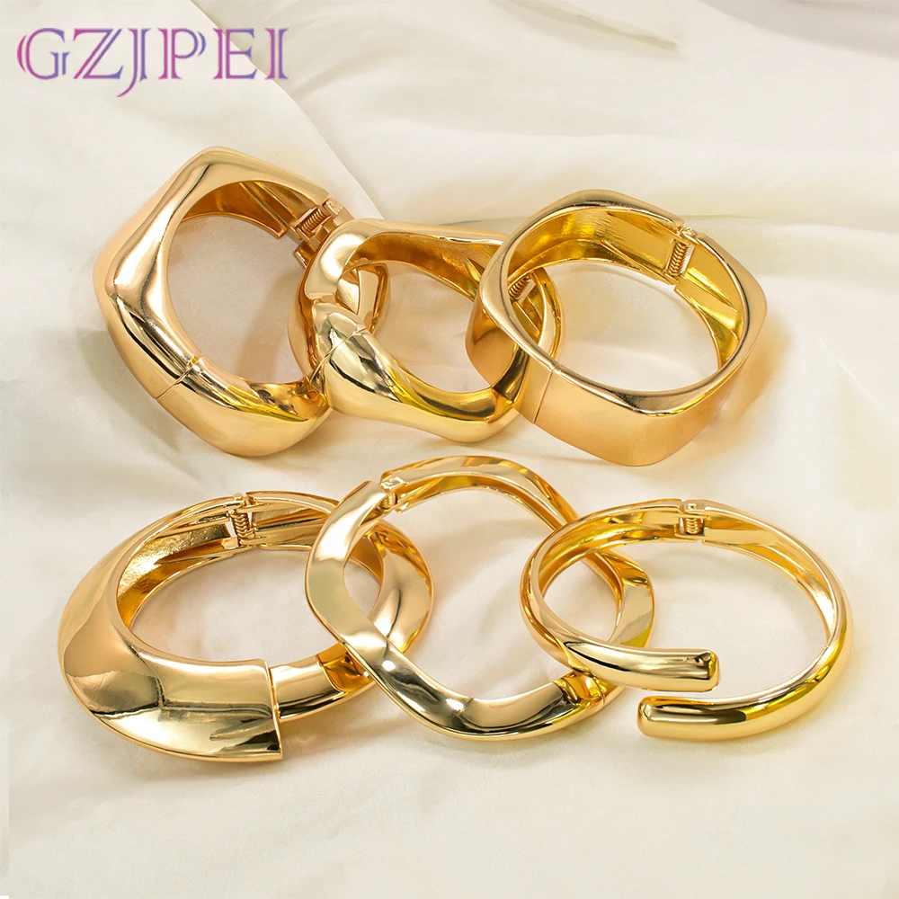 

GZJPEI Gothic Smooth Spring Bangles Gold Color Cuff Bracelet On Hand For Women Party Jewelry 2026 Trendy Arm Bracelets