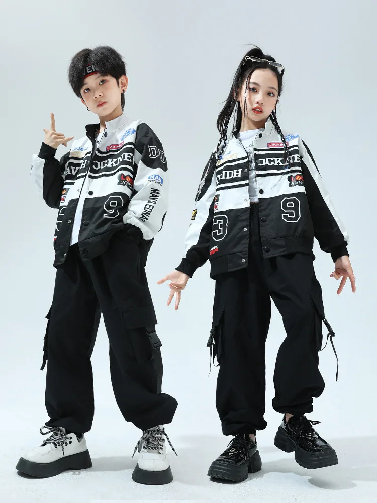 Jungen Hip Hop Motorrad Jacke Cargo Hosen Mädchen K-pop Street Dance Kontrast Mantel Kinder Jazz Kleidung Kinder Streetwear set