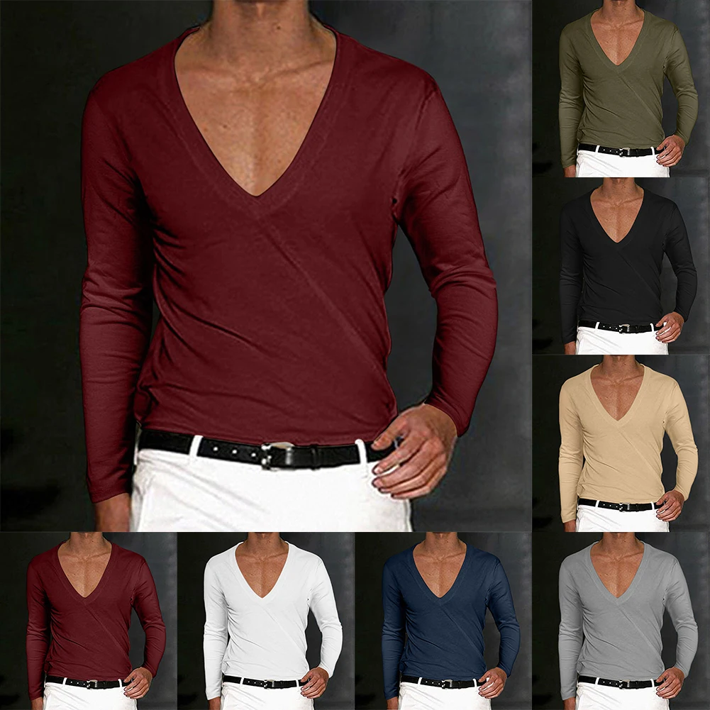 Streetwear Tops Tops Men Men 's Sexy Shirts Slim Fit Solid Color T-Shirt Unisex Clothing Casual Deep V-Neck New