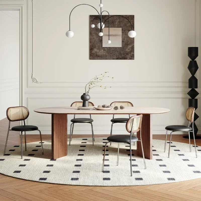 

Small unit cream style cave stone rock slab solid wood oval dining table