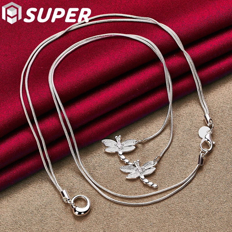

925 Sterling Silver Two Dragonfly Inlay Aaa Zircon Pendant Necklace Snake Chain For Woman Wedding Engagement Jewelry