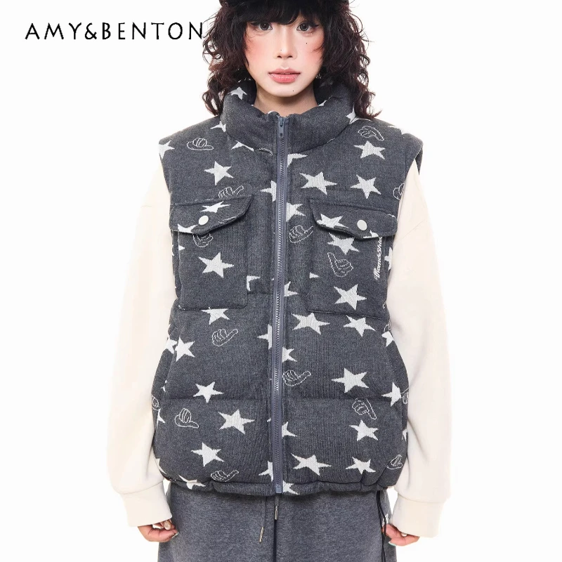 الأمريكية الرجعية ستار طباعة الوقوف طوق المرأة صدرية سترة قطن الخريف الشتاء فضفاضة زوجين تنوعا القطن سترة السيدات