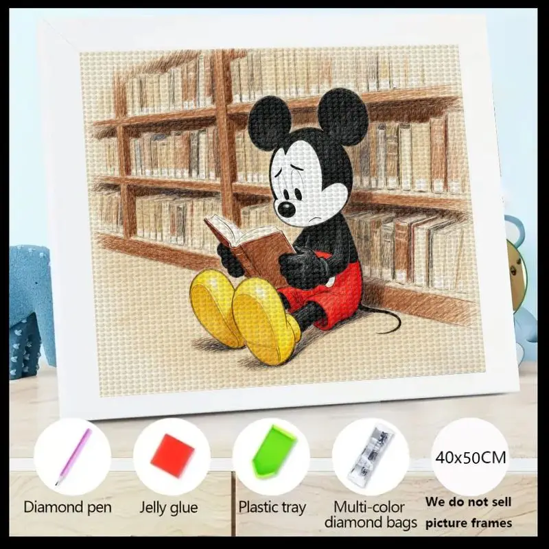 

1PC Disney Mickey Mouse Reading In Library Diamond Painting Kit, 5D Full Drill DIY Cute Cartoon Character Big Gem Painting Set,