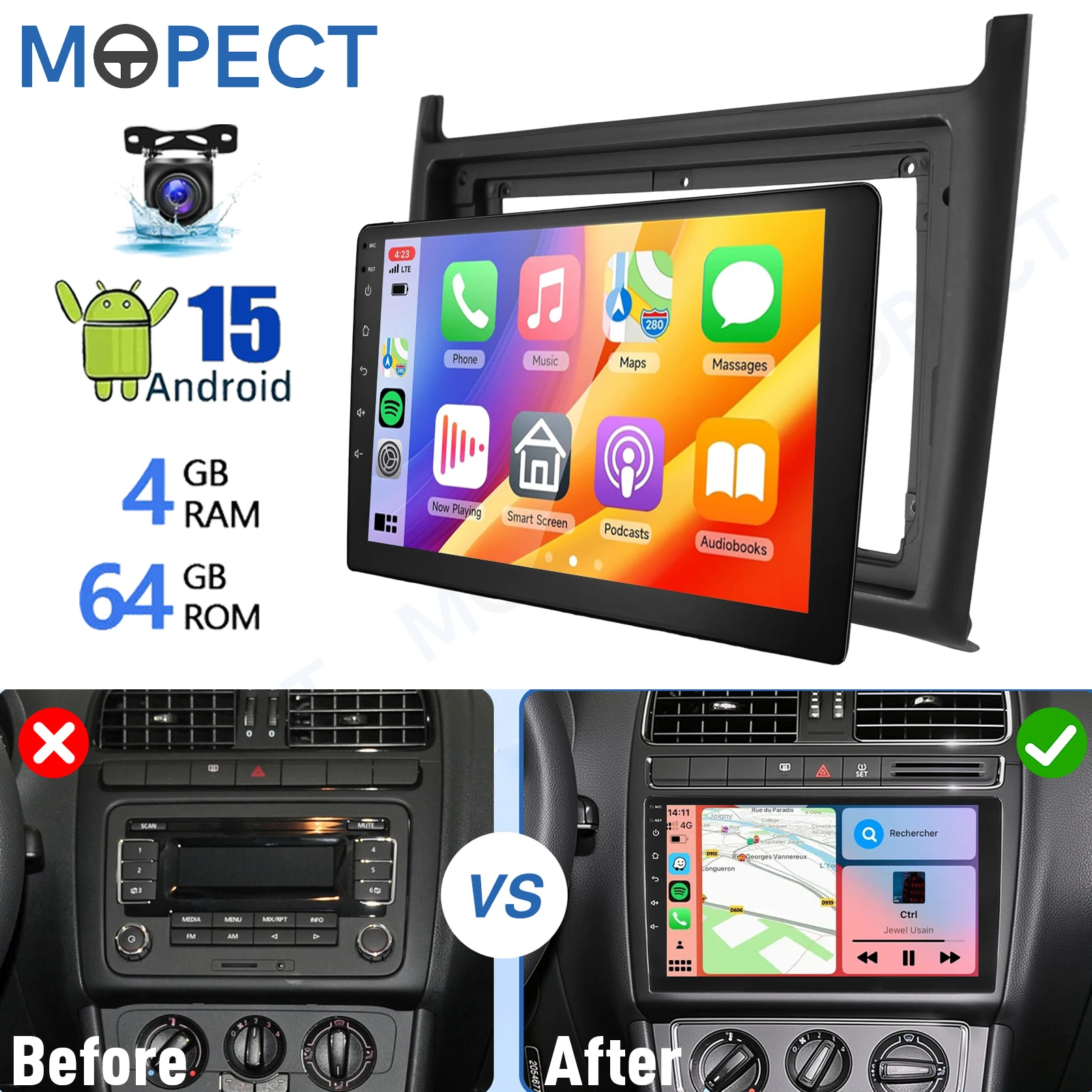 9 inch Android 15.0 autoradio 4+64GB voor VW Polo 6R 6C V 2009-2017 Apple CarPlay IPS touchscreen GPS navigatie FM/AM SWC Bluetooth