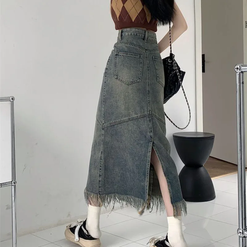 Spring Autumn Tassel Detail Vintage Women's Skirt High Waist Hip Medium Long Slimming Spice Girl Cow Print Fashionable