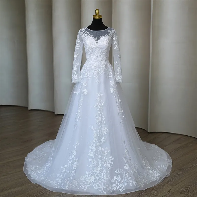 A-Line Boho White Wedding Dress Full Sleeve Long Lace Vestido De Novia Princesa Vintage Train or Floor Wedding Ball Bridal Gown