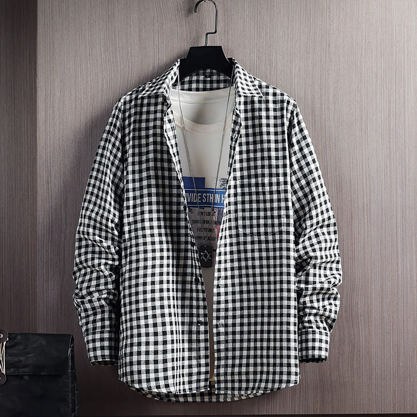 

Men's Trendy Casual Plaid Shirt Autumn Long Sleeved Lapel Shirt Jacket Large 1