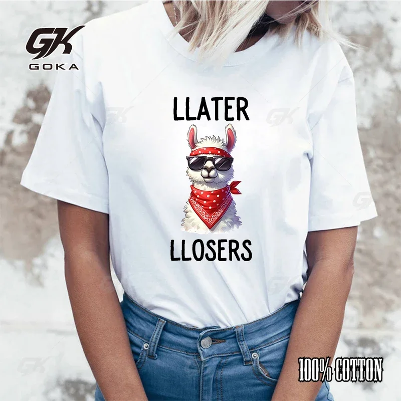 

Women Funny Alpaca Later Llosers Printed T-Shirt Summer Short Sleeved Unisex Tops