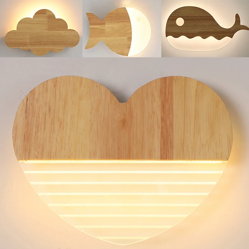 

Wood Lighting Fixtures Whale Fish Cloud Love Wall Lamps Sconce for Children Room Decor Kid Bedroom Light LED Bathroom Luminaria