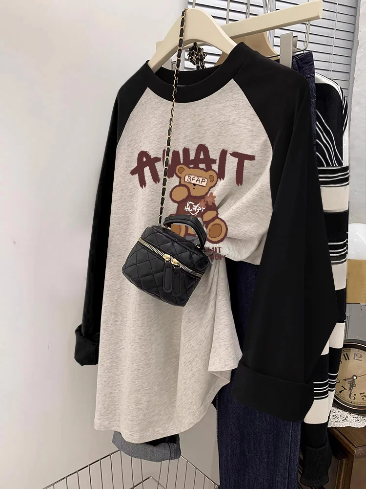 Summer Casual Style Women's Long Sleeve T-Shirt Pure Cotton American Hiphop Trendy Brand Inner Wear Color Block Shoulder Inse...