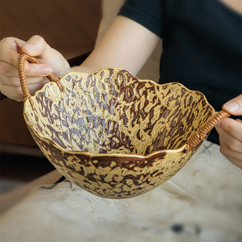 Special-shaped deep bowl handmade coarse pottery hemp rope binaural bowl retro characteristic snack fruit basin