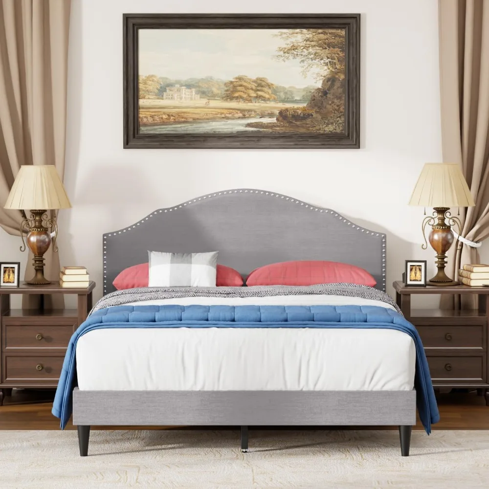 Upholstered Full Platform Bed Frame with Fabric Headboard and Wooden Slats Support, Fully Upholstered No Box Spring