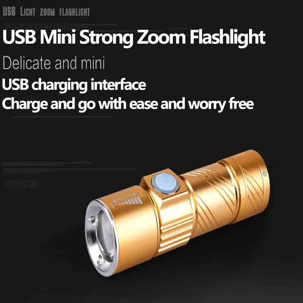 Mini USB Rechargeable Flashlight 3 Modes Zoom Light Flash Waterproof Tactical Camping Bike Torch Lasting Built-in Battery