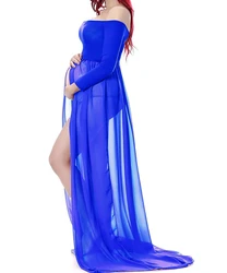 Maternity Blue Sexy Deep One Collar Dress Maternity Long Sleeve Mercerized Cotton Chiffon Slim Fit Trailing Dress Photo Dress