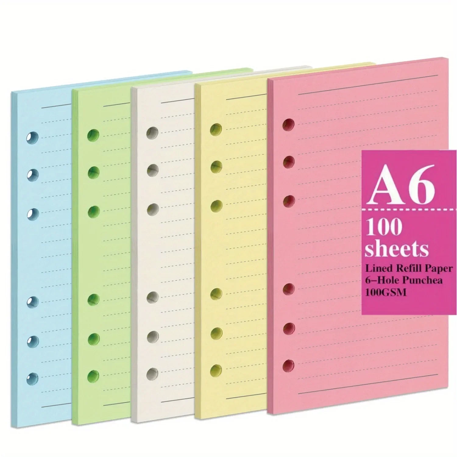 1Pack Of 100 Sheets(200 Pages)A6/A5 Colorful Refill Paper,5 Colors Thick Refillable Paper 6 Hole Filler Inserts Loose Leaf Paper