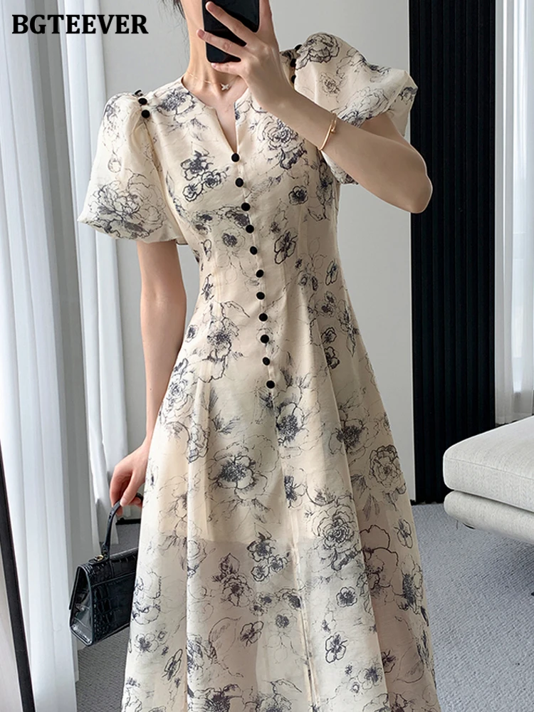 BGTEEVER V-neck Puff Sleeve Printed A-line Dress Women Summer Vintage Single-breasted Slim Waist Female Midi Dress vestidos