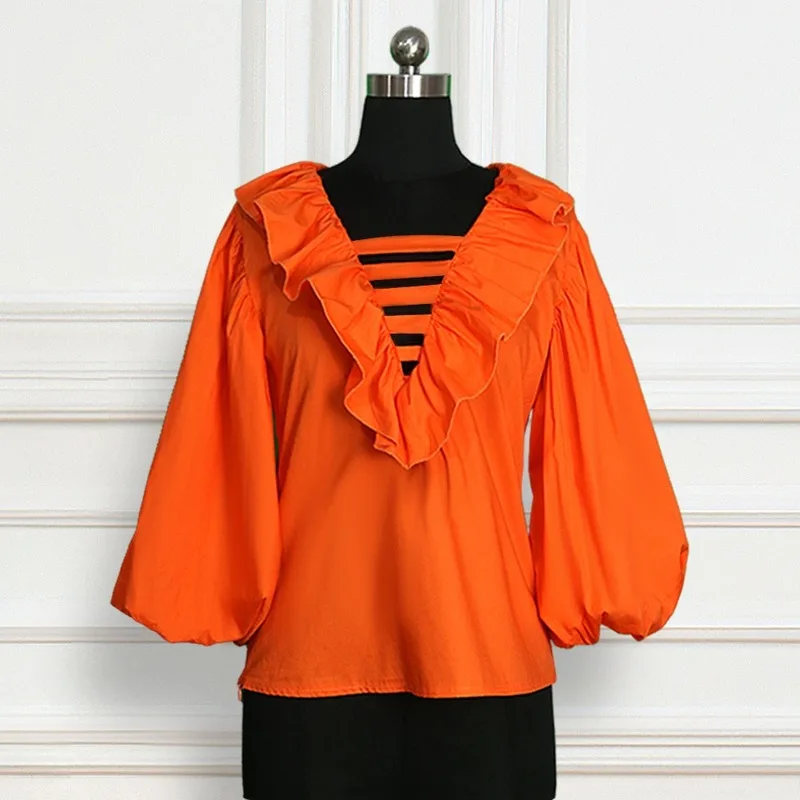 

Lantern Sleeve V Neck Tops Women Elegant Ruffles Hollow Out T-shirts Club Party Street Clothing New Orange Plus Size Office Wear