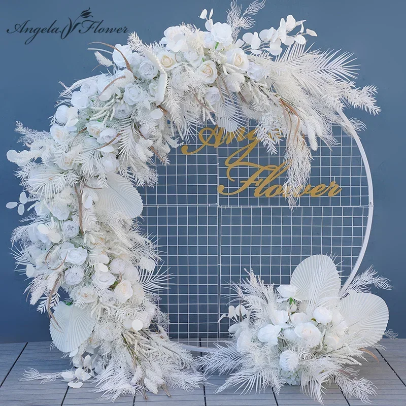 Weiße Rose Nebel Gras Pu Fan Blumen arrangement Hochzeits feier Hintergrund Dekor Tisch dekoration Ball Boden Blume a7834