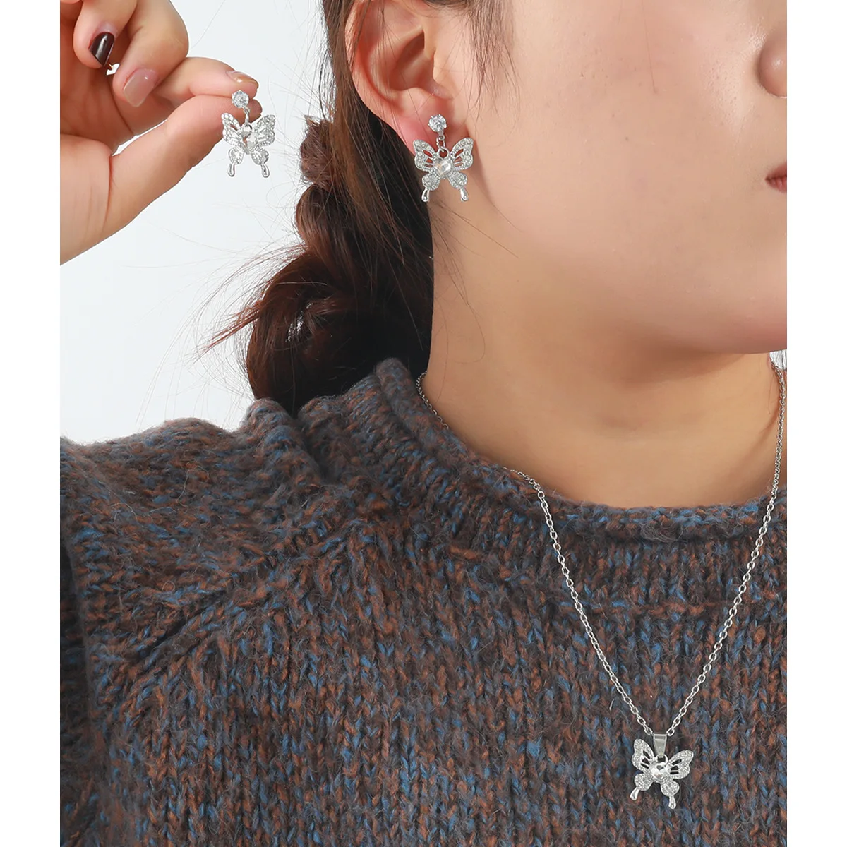 كامل الماس الفراشة قلادة المرأة خفيفة الوزن الفاخرة بسيطة أزياء ساحرة قلادة قلادة وأقراط مجموعة #3