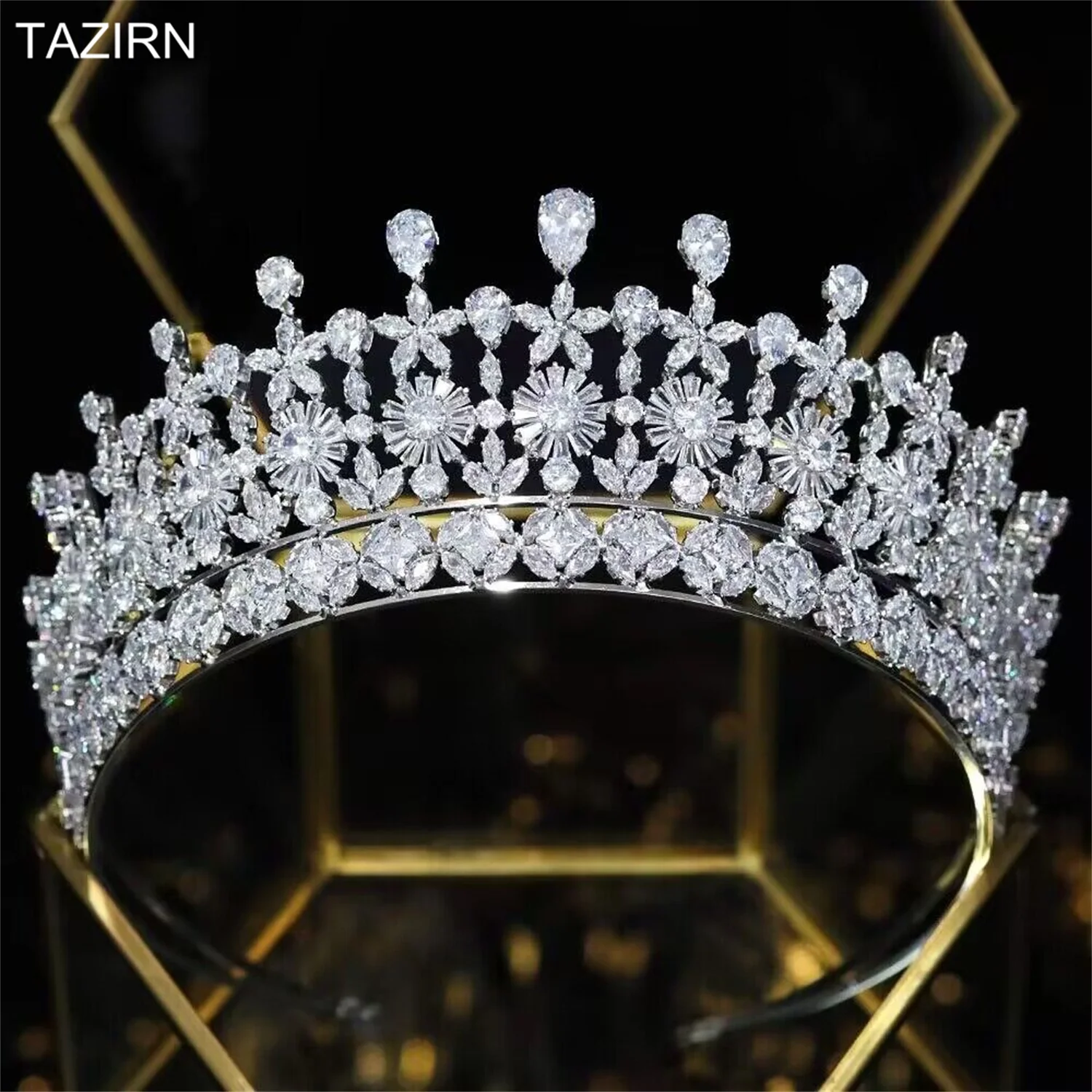 Big Cubic Zirconia Wedding Crowns Platinum Plated CZ Tall Tairas Party Pageant Headpieces Bridal Headwear Hair Accessories