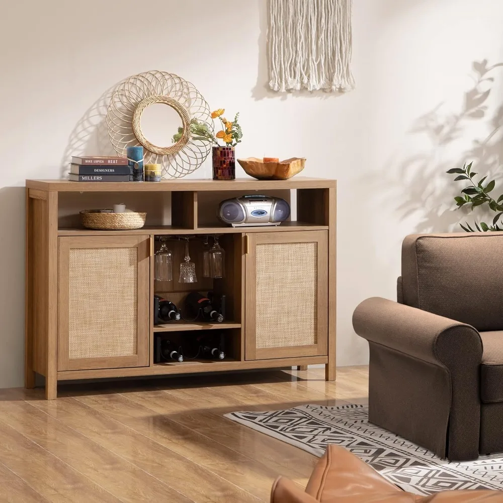 Kaffee-Barschrank, 51" Rattan-Sideboard-Buffetschrank mit Stauraum, Boho-Schrank für den Bauernhaus