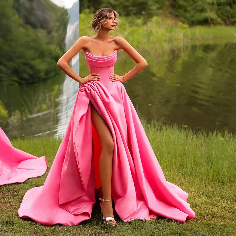 

Тонкие вечерние платья трапециевидной формы для выпускного вечера без бретелек с разрезом по бокам, атласное вечернее платье, женские ночные коктейльные платья для выпускного вечера по индивидуальному заказу