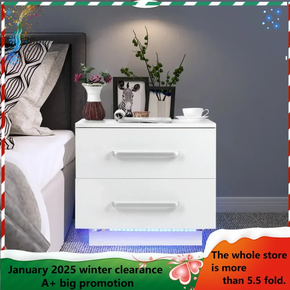 Nightstands, Modern Stylish 2 Drawers Bedside Cabinet with LED Blue Light High Gloss Front Panel for Bedroom, Nightstands