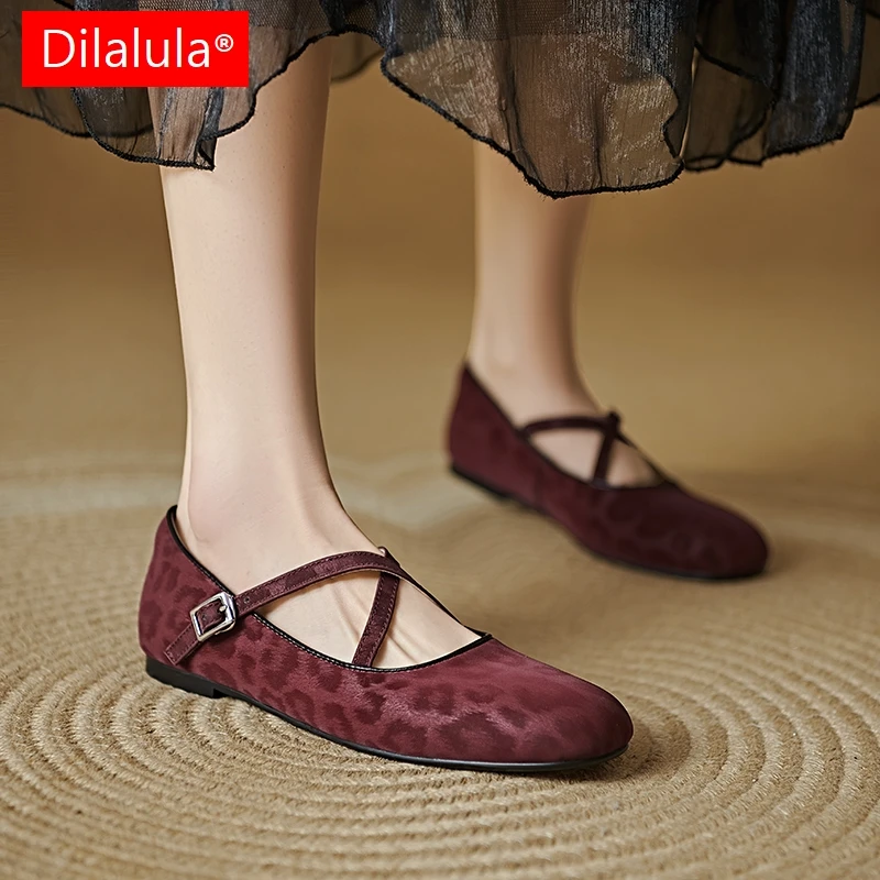 Dilalula 2025 جلد الغنم الأصلي عبر الفرقة ماري جينس أحذية النساء جولة تو الترفيه الشقق سيدة ليوبارد المشي اليومي مضخات