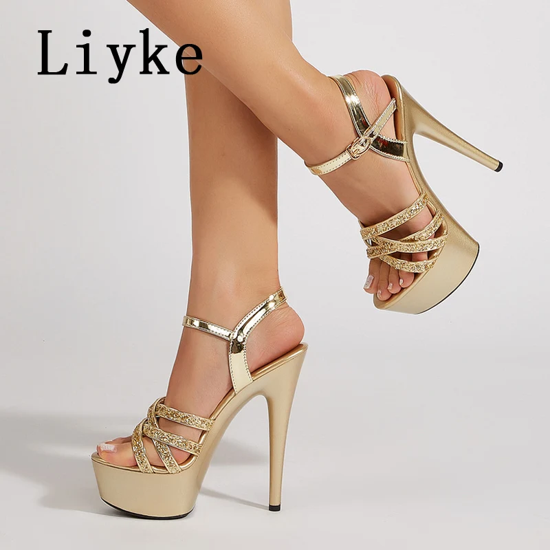 Liyke Fashion Design Silver Sequined Narrow Band Women Platform Sandals Sexy Open Toe 15CM Thin High Heels Wedding Prom Shoes