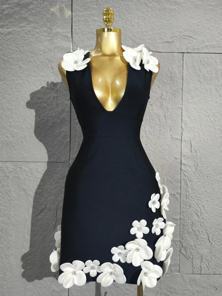 

2025Women's Black Mini Dress with 3D White Floral Details - Deep V Neck, Perfect for Date Nights and Parties