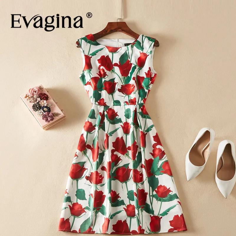 Evagina Rose Printing Splicing Mini Dress 2024 Spring Summer New Women's Sleeveless High Street Party Dresses