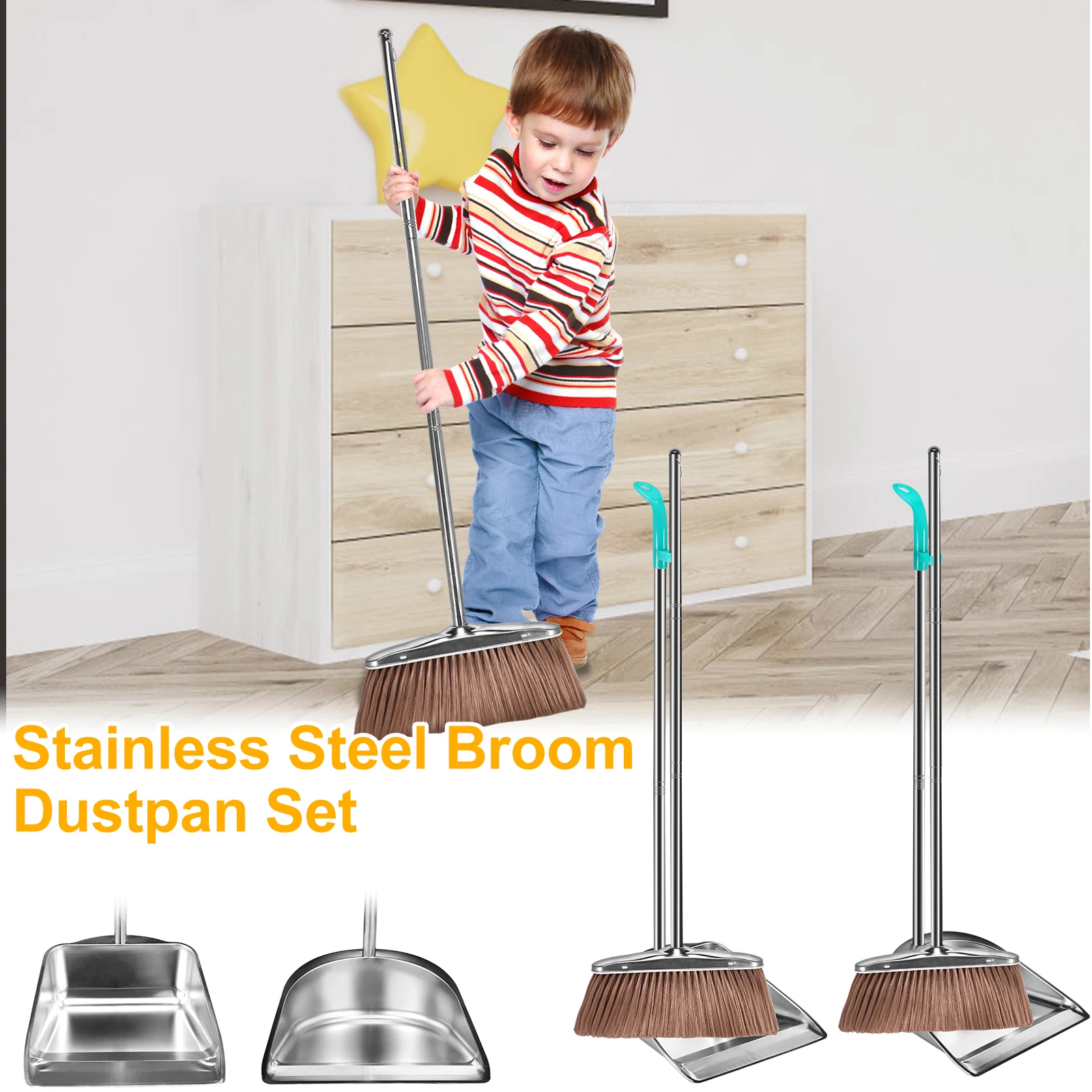 Broom Dustpan Set Stainless Steel Magic Brushs Combination Household Combo Cleaning Tool Dust Pan Long Handle Sweeping