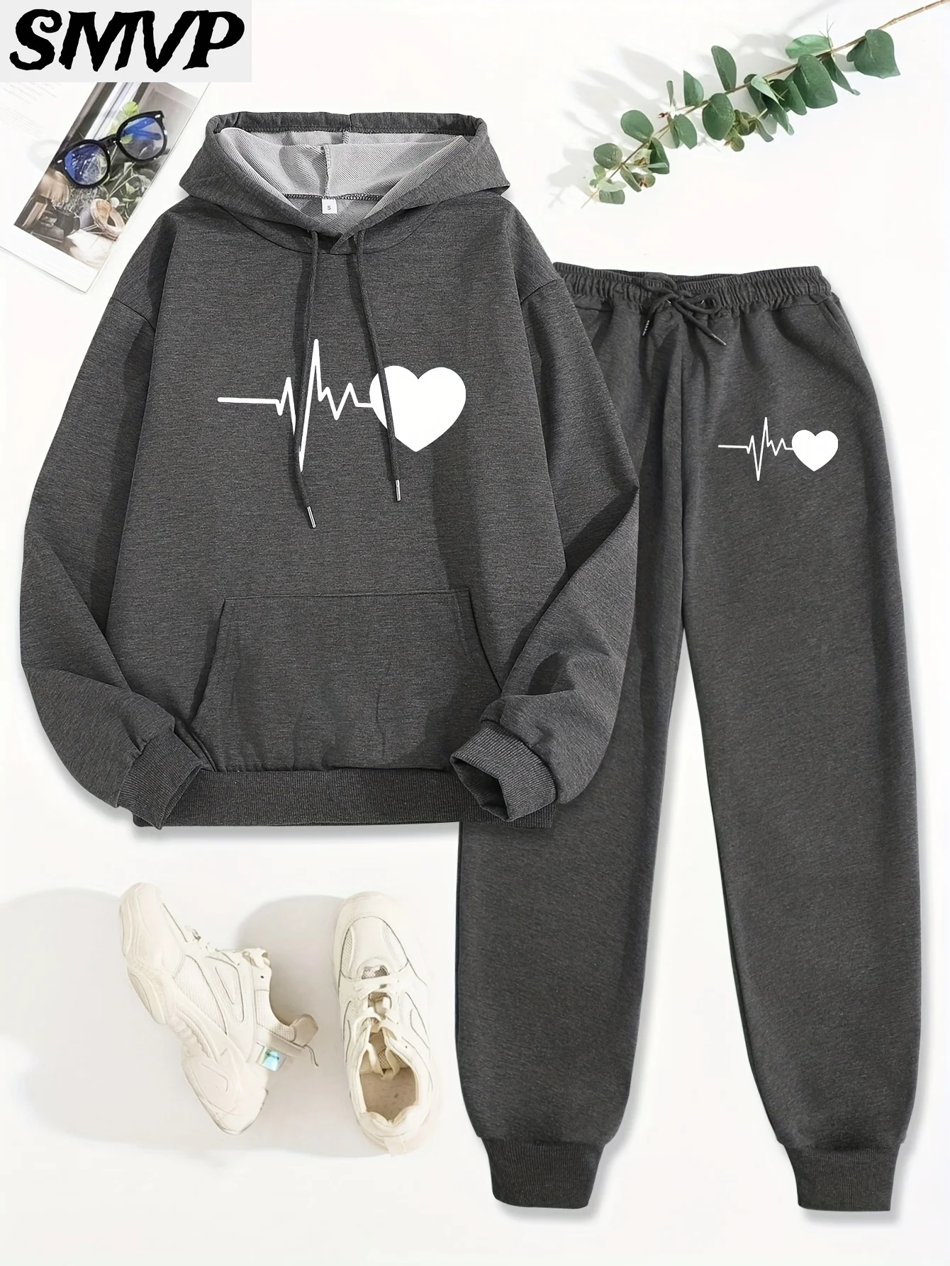 SMVP النساء الفتيات القطن هوديي مجموعة أسود أبيض ضربات القلب خط نمط قطعتين الزي عارضة المتسكعون الأم ابنة #2