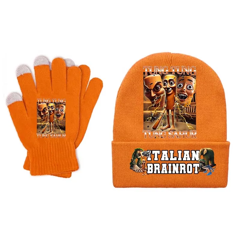 2pcs Italian Brainrot Animals Knitted Hat Gloves Cappuccino Assassino Cap Mittens Set Winter Outdoor Warmth Kid Hats Xmas Gifts