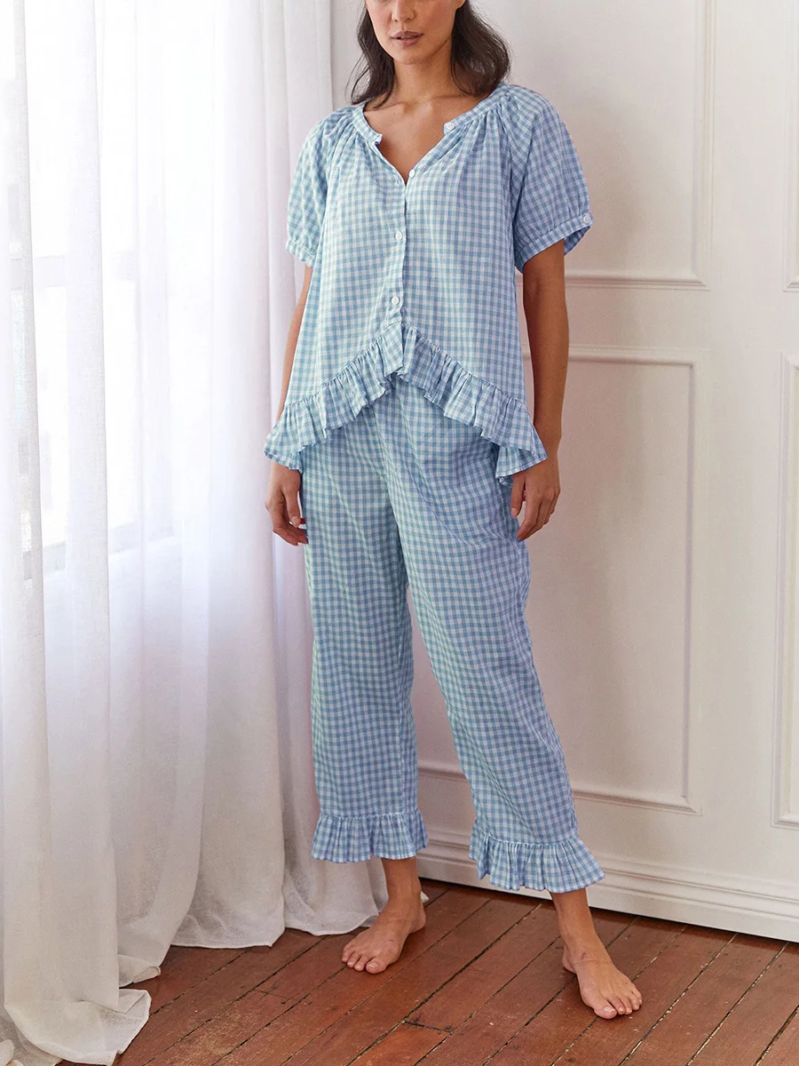 Women’s 2 Piece Pajama Set Short Sleeve Plaid Print Button Up Shirt Blouse + Elastic Waist Ruffle Pants Set Sleepwear Loungewear