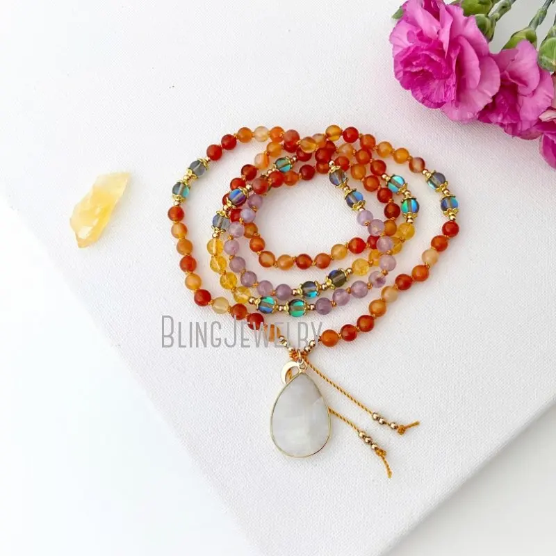 NM43560 Goddess Mala Necklace With Carnelian Citrine Amethyst  Beads Yoga Gift For Her 108 Prayer 