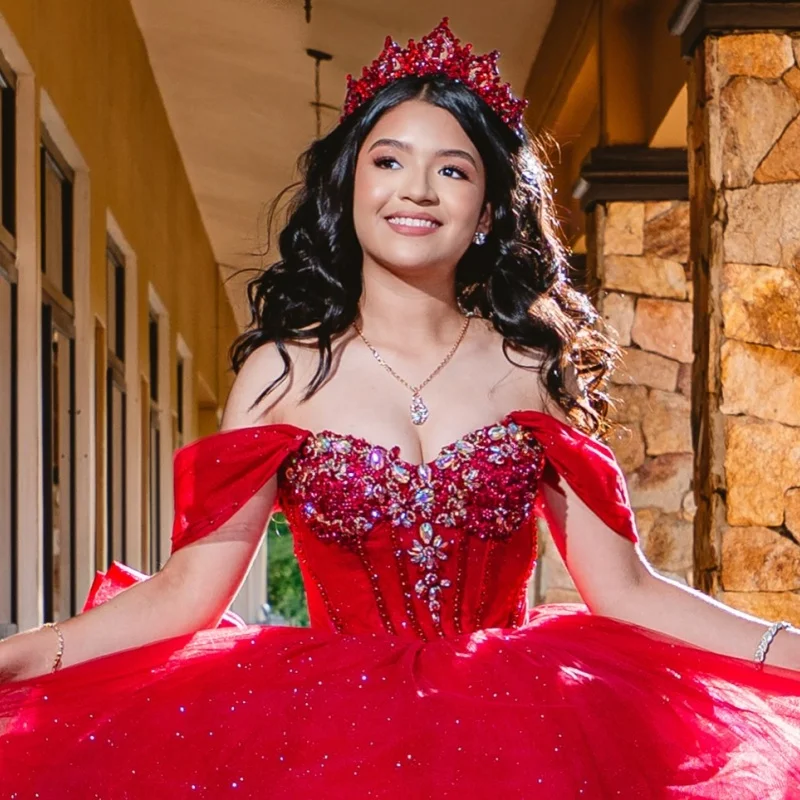

Shiny Red Quinceanera Dress off-shoulder Crystal Glitter Decal Long tail Big Bow vestidos de 15 Quinceanera ﻿Customize