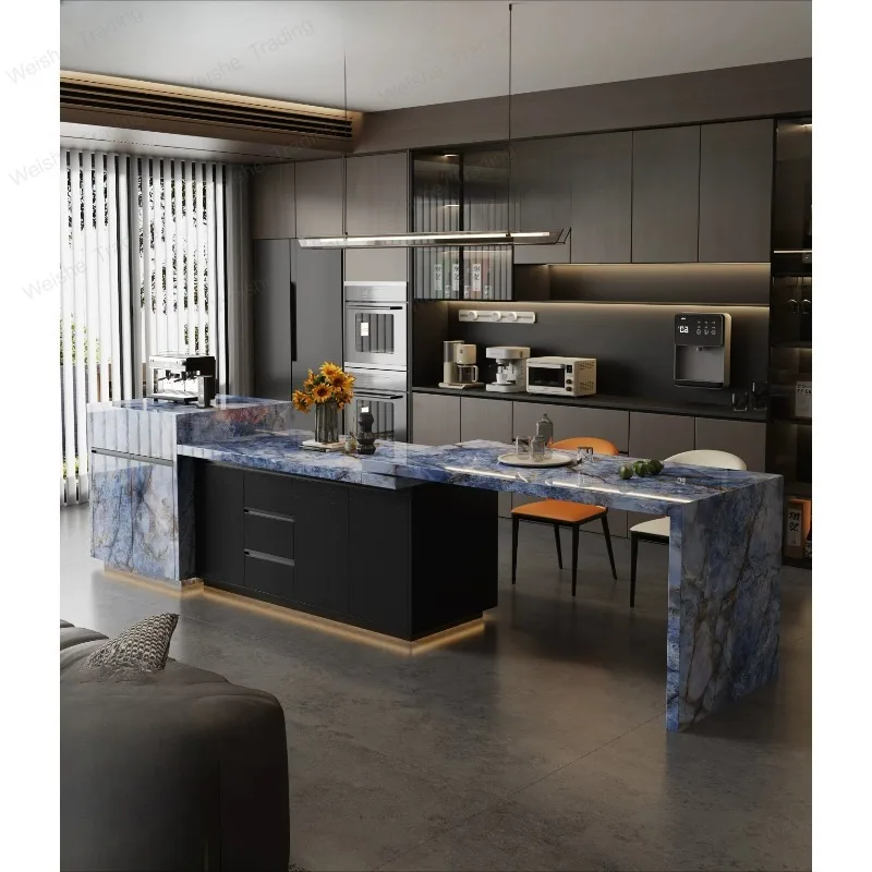 Italian light luxury island dining table integrated household telescopic intelligent lifting new rock slab advanced flush