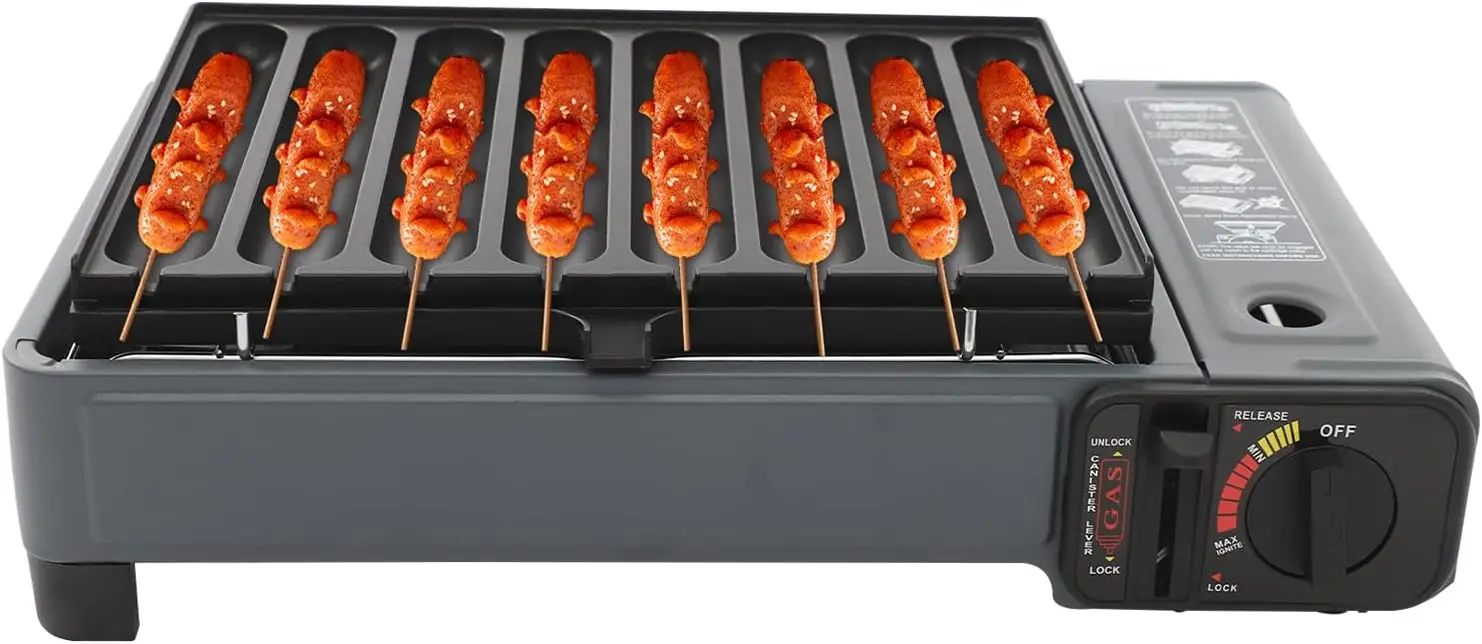 Estufa de butano portátil, estufa de Gas para acampar, plancha de butano con placa para parrilla de salchichas, bandeja para atrapar grasa y estuche de transporte para uso en exteriores