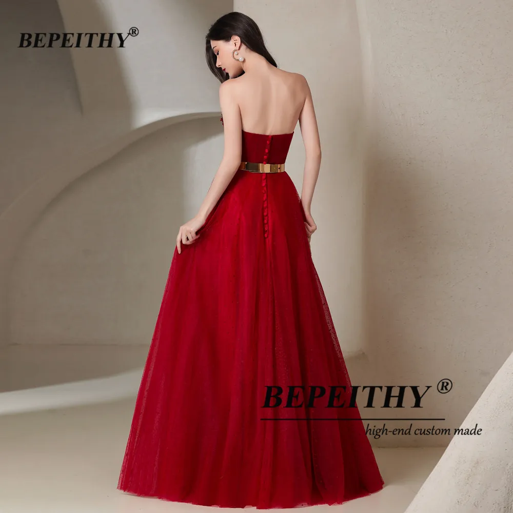 BEPEITHY Customized Sweetheart Burgundy Prom Dresses With Crystals Strapless Cocktail Party Dress Evening Dresses For Women